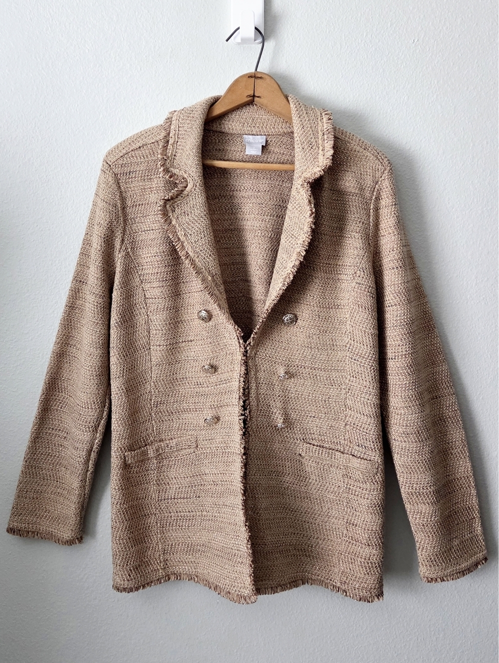 Chico's Metallic Tweed Sweater Blazer, Super Soft Layering Piece Tan & Gold LG - Picture 11 of 16